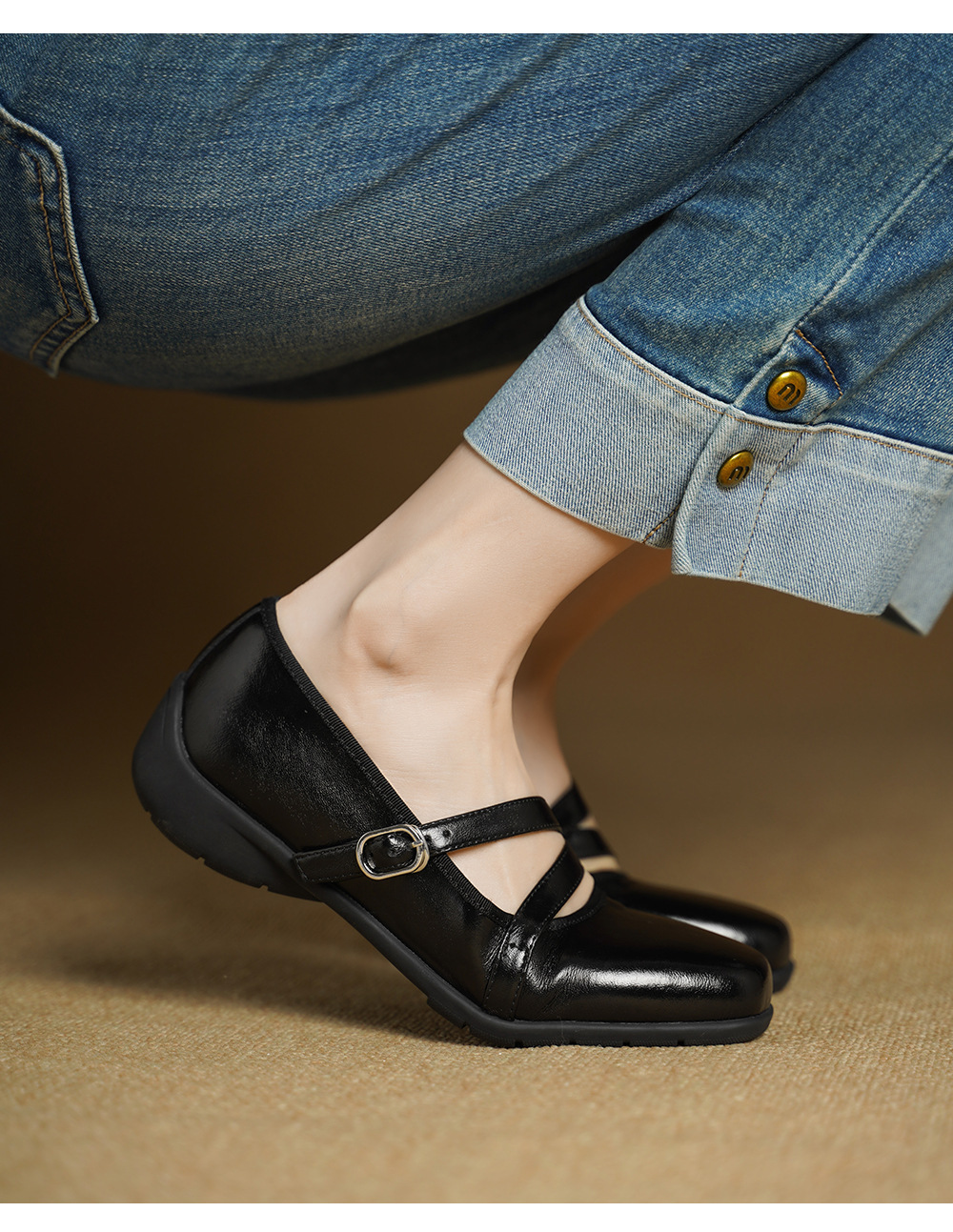 Giày Mary Jane nữ da cừu miệng nông đế bệt phong cách học sinh quai ngang khóa Velcro — đen chi tiết 9