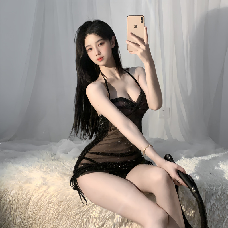 Sweet Fun Lingerie Sexy Flash Silver Pleated Slim Nightdress Passion Hollow Perspective Private Pajamas for Women
