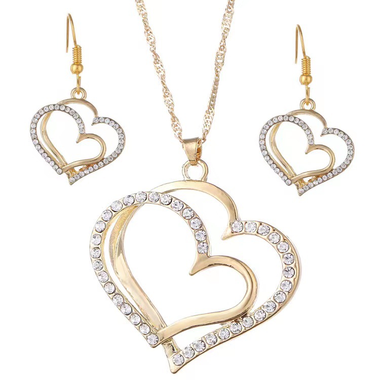 New European and American style jewelry set for wedding banquets and wedding dresses, featuring double heart-shaped earrings, necklaces, and bracelets, available now.