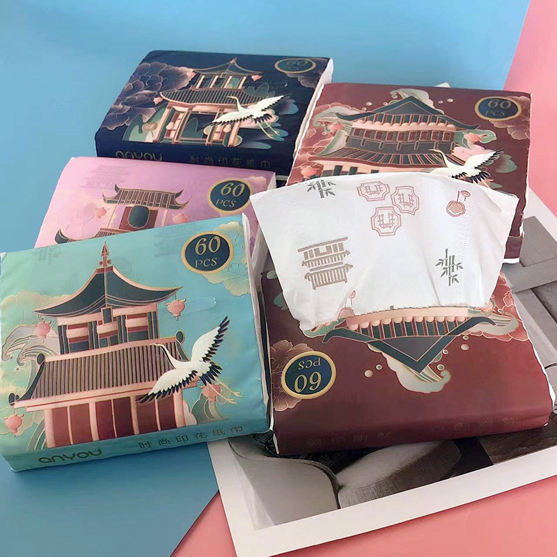 Printed tissue paper, national style palace printed tissue paper towels, portable small pack facial tissue colorful napkins, toilet paper