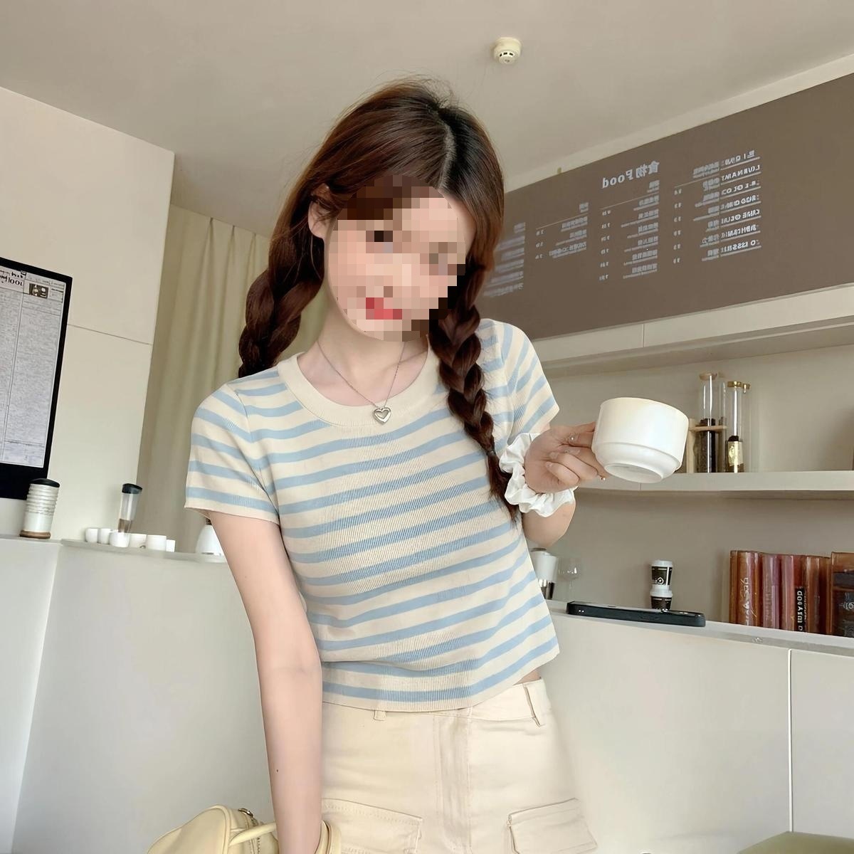 Áo thun nữ cổ tròn tay ngắn thiết kế vai tròn ôm gọn dáng hè — Mềm mại, trắng, xanh mát., Cơ sở Bách đáp phiên bản gạo trắng, Hàng ngày đi lại màu đen chi tiết 7