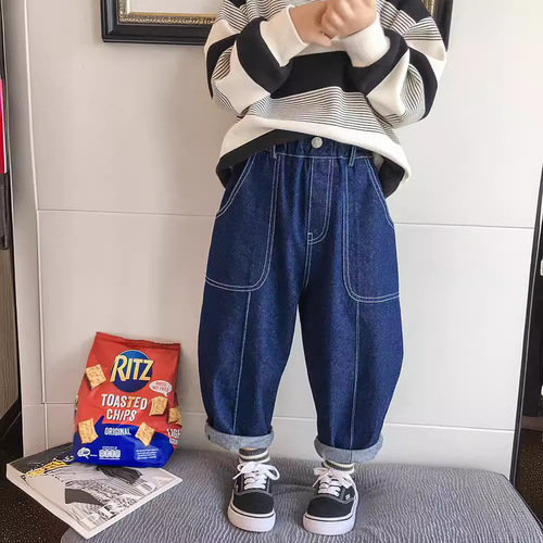 Children's winter crew length loose pants with thermal lining, deep blue turnip pants for boys and girls in autumn and winter