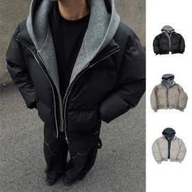 黑色假两件棉服男冬加厚保暖连帽棉衣美式感晋江棉袄