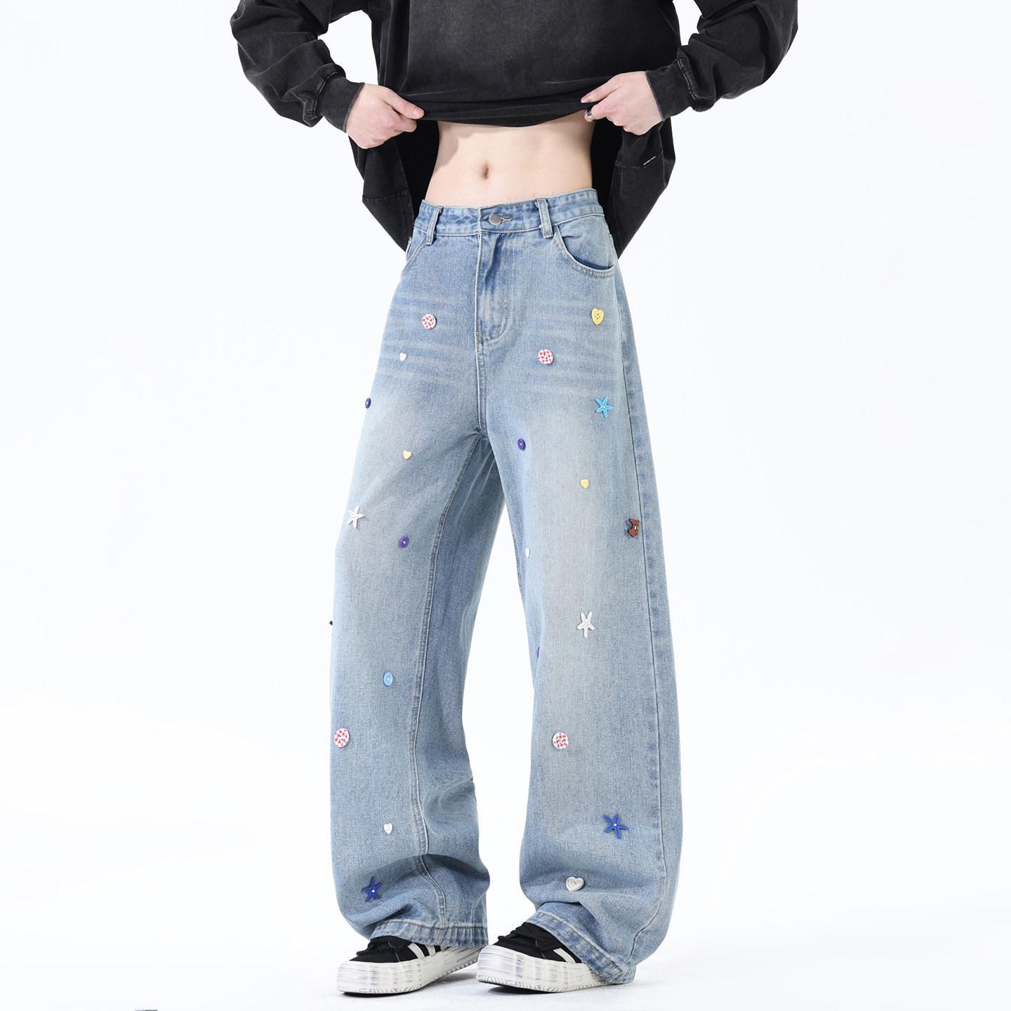 Retro-Jeans im farbenfrohen Boyfriend-Stil für Damen und Herren mit Knopfleiste und weitem Bein, bodenlang, für den Herbst_voghion.com