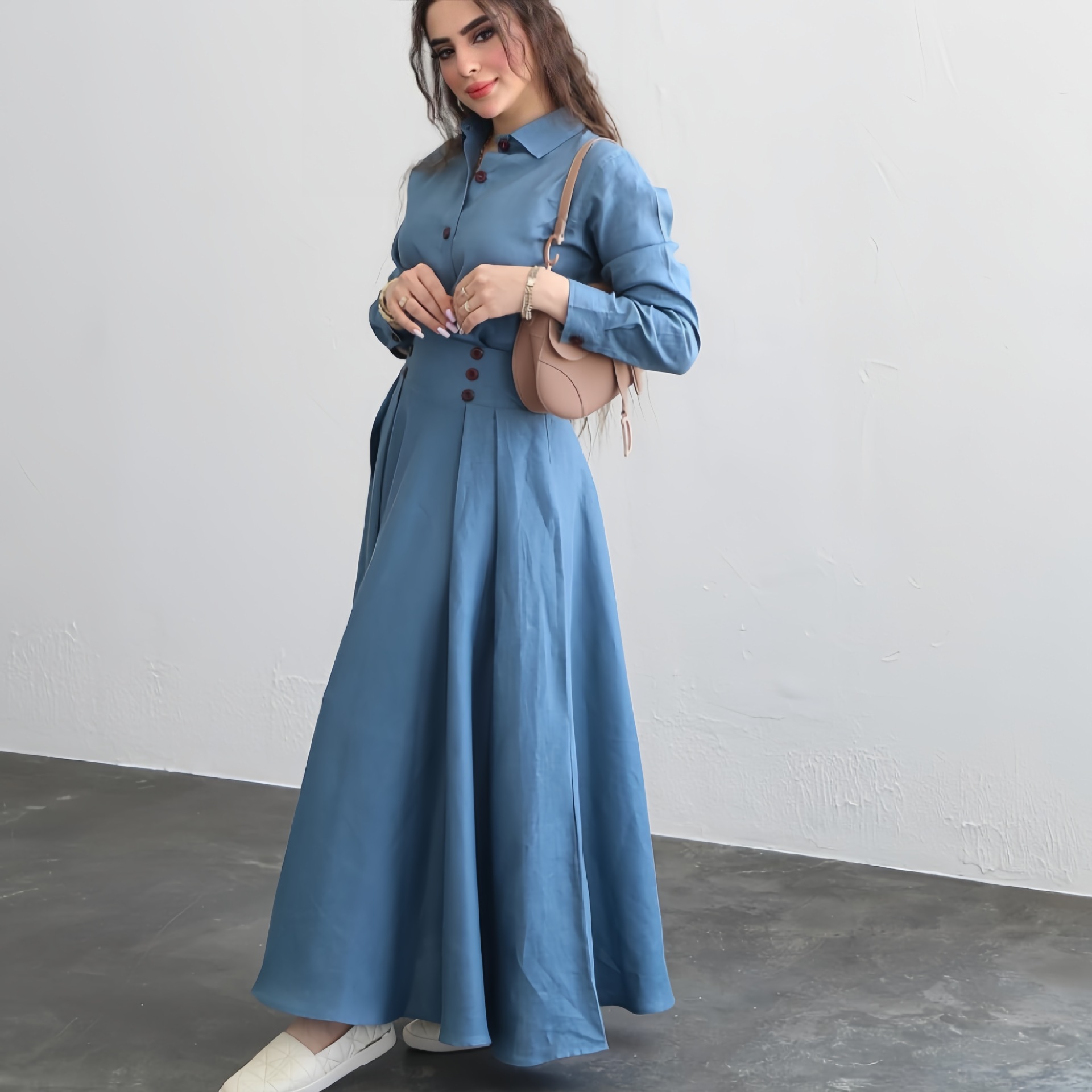 Foreign Trade Ready-Stock Women's Clothing 2025 Autumn New Fashion Elegant Solid Color Shirt and Skirt Two-Piece Set with a Refined and Graceful Look