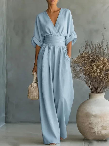 In-Stock 2026 European and American Cross-Border Spring/Summer New Amazon Elegant Waist-Cinching V-Neck Stylish Women's Jumpsuit