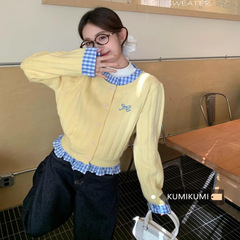 甜美清新撞色韩系针织开衫2025秋冬新款假两件蝴蝶刺绣优质毛衣女