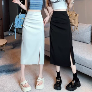 新款2024女长裙开叉中长款A字裙高腰秋秋百褶裙半身裙包臀不规则