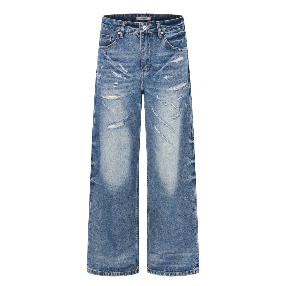 Men's High Street Trendy Ripped Washed Distressed Jeans Loose Fitting Casual Straight Leg Versatile Wide Leg Pants_mkmklike.com