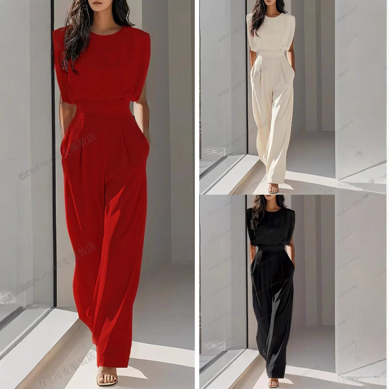 Cross-Border Foreign Trade European and American Stylish New Women's Fashion Elegant Summer Solid Color Waist-Slimming Jumpsuit
