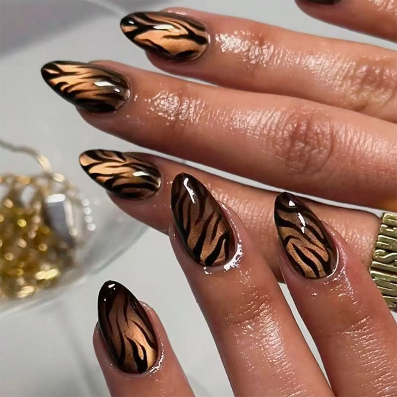 Black Gold Tiger Pattern Cat Eye Long Almond-Shaped Wearable Nail Tips Nail Art Nail Stickers for Fingers Wholesale Black Gold Tiger Pattern Cat Eye Long Almond-Shaped Wearable Nail Tips Nail Art Nail Stickers for Fingers Wholesale