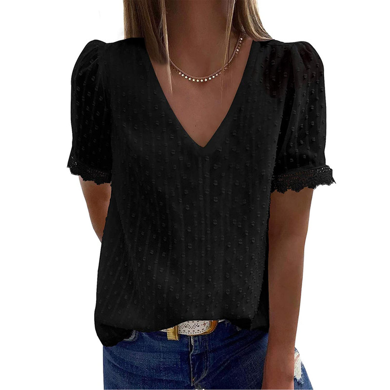 Solid Color Jacquard Lace V Neck Casual Shirt Solid Color Jacquard Lace V Neck Casual Shirt