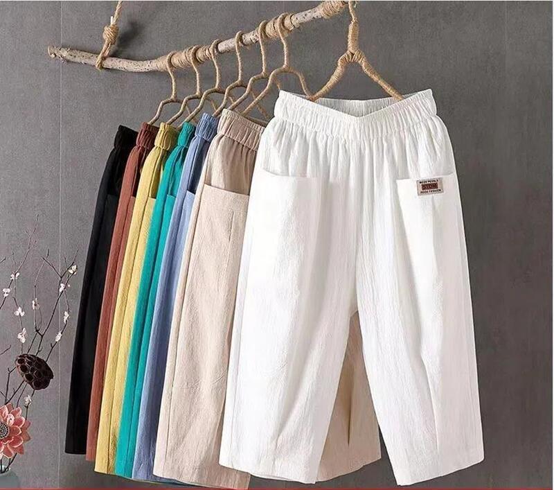 Cotton and Linen Capri Pants Women's Summer Loose plus size Linen Loose Waist Small Feet Harlan Pants All-match Casual Pants 8207