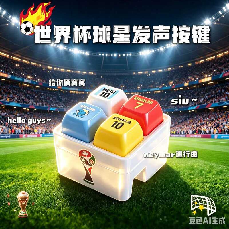 World Cup merchandise: four-panel sound and light button keychain toy featuring Cristiano Ronaldo, Messi, and Haaland