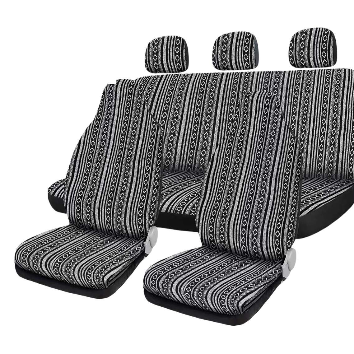 Cubierta de asiento de coche de comercio exterior transfronterizo de lino estilo étnico retro transpirable absorbente de sudor gris y blanco Plaid conjunto de 19 piezas Amazon