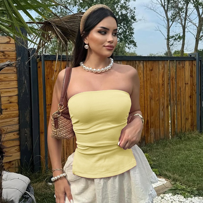 Women's Clothing Sexy Solid Color Strapless Top Off The Shoulder Elastic Tight Fitting Summer New Arrival_ecoleips.com