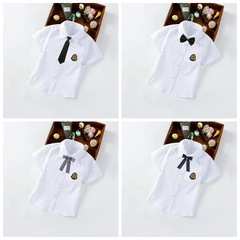 兒童白襯衫表演服女童白襯衣男童純色白色上衣短袖小童合唱演出服