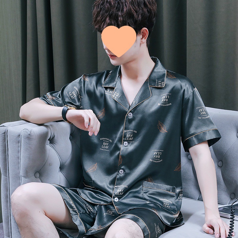 Pijama de hombre verano seda de hielo ropa casera de manga corta pantalones cortos de verano se puede usar fuera de un hombre grande conjunto