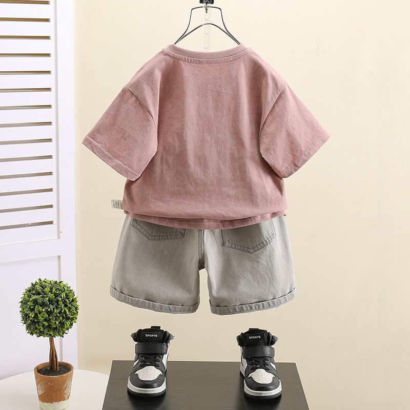 7416 pantalones cortos de mezclilla para niños traje de verano verano para niños manga corta 2025 nuevo traje de dos piezas de la calle frita para niños y bebés