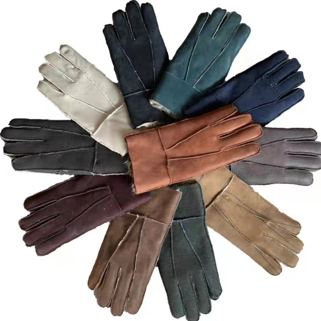 跨境批发男士真羊皮加绒保暖薄款皮毛一体手套冬季骑行防风