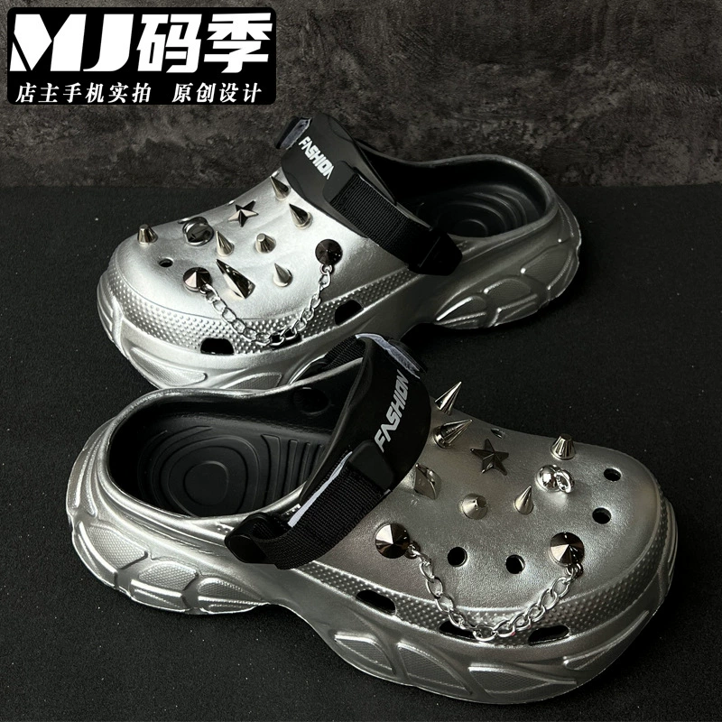 Мужские панк-шлепанцы из серебра Париж, персонализированные, оригинальные, летние, на толстой подошве, спортивные пляжные сандалии для женщин