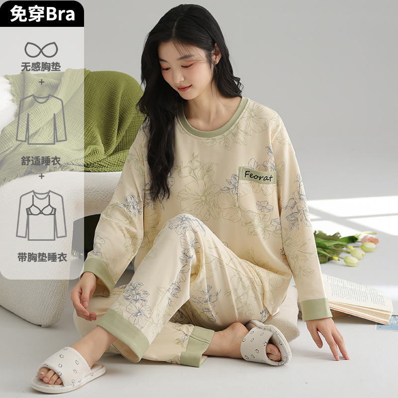 Pijama de mujer otoño y invierno pantalones de mangas largas con cojín de pecho suelto encantador traje deportivo casual de dibujos animados ropa para el hogar
