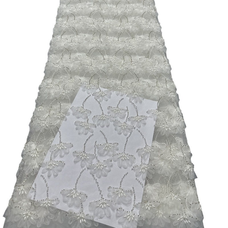 Flores de cuentas de arroz bordadas de verano tela bordada vestido tridimensional moda danza vestido de cena tela de encaje