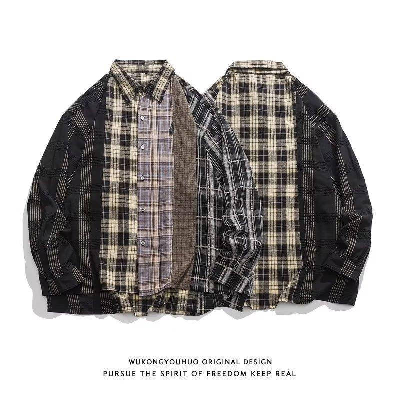 Moda nacional American Street costura camisa a cuadros de manga larga de los hombres de primavera y otoño marca de moda japonesa pareja retro camisa chaqueta