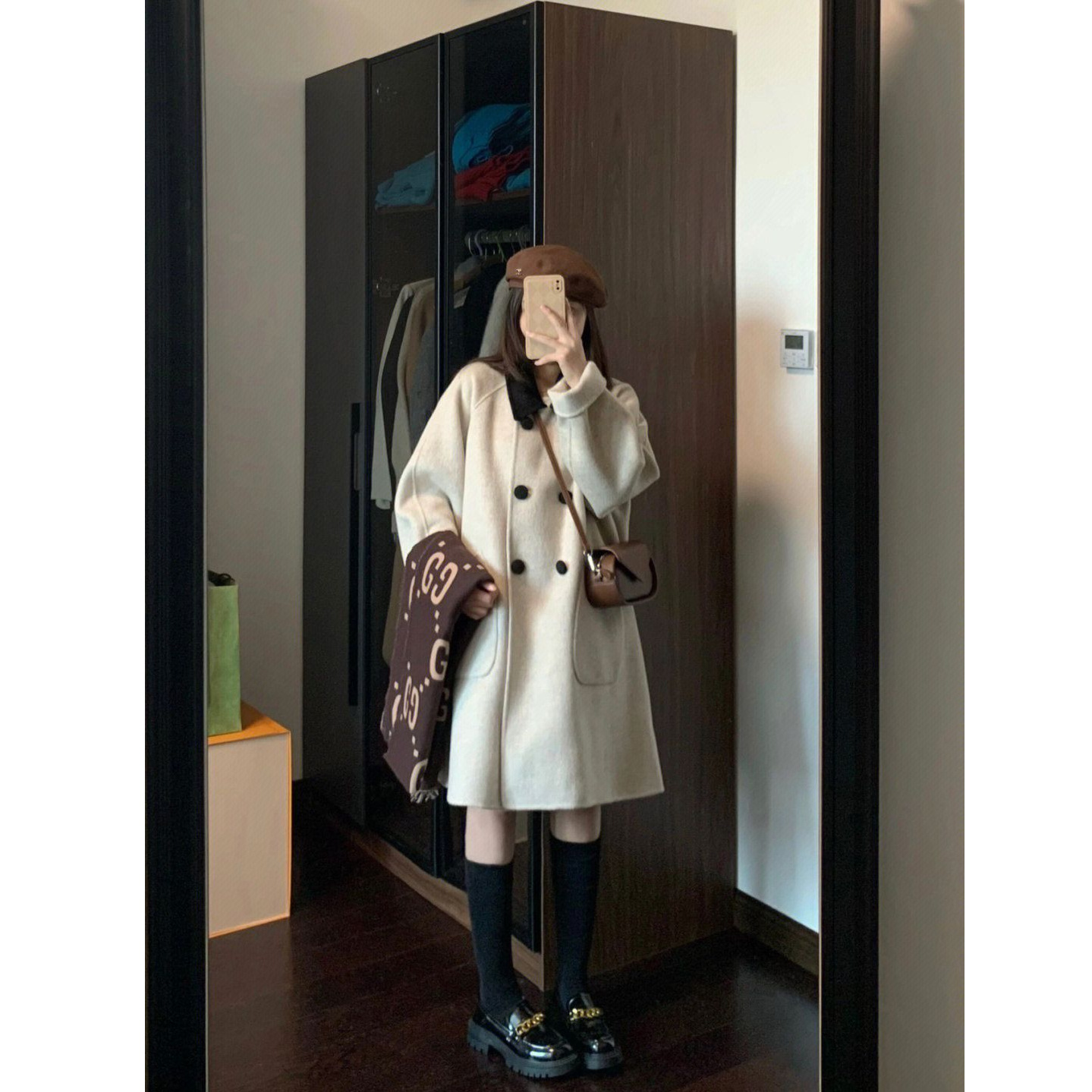 冬季韩系小个子复古撞色翻领短款高级毛呢大衣呢子外套女宽松显高