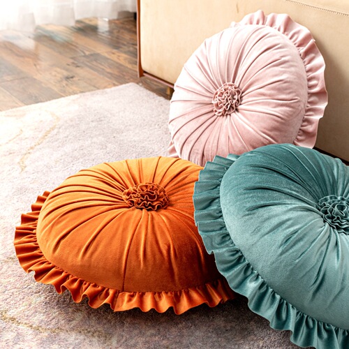 Amazon's new round Dutch velvet ruffle flower pillow pumpkin pillow wheel pillow lace cushion cushion