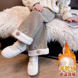 女童加绒裤子2025秋冬新款儿童洋气中大童加厚羊羔绒运动阔腿裤