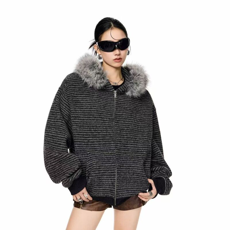 Cross-Border American Retro Fur Collar Couple Hooded Zipper Cardigan Sweatshirt Oversize Design Niche Cardigan Jacket Cross-Border American Retro Fur Collar Couple Hooded Zipper Cardigan Sweatshirt Oversize Design Niche Cardigan Jacket
