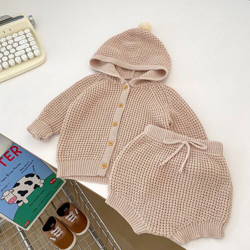 2024 Spring and Autumn Girls Baby Hooded Cardigan Set Solid Color Cotton Knitted Top Lace-up Bread Pants Two-piece Set