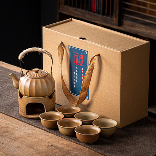 Firewood-Burning Tea Brewing Set with Charcoal Stove, Teapot, and Rustic Ceramic Teacups for Home Use, Kung Fu Tea Set Gift