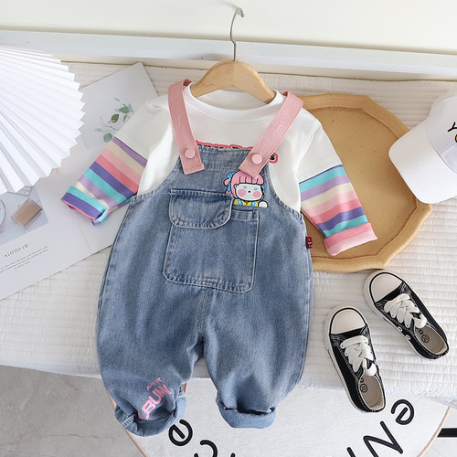 Yikids Girls' Cute Denim Overalls Set with Cartoon Doll Design, 2-Piece Outfit for Baby Girls