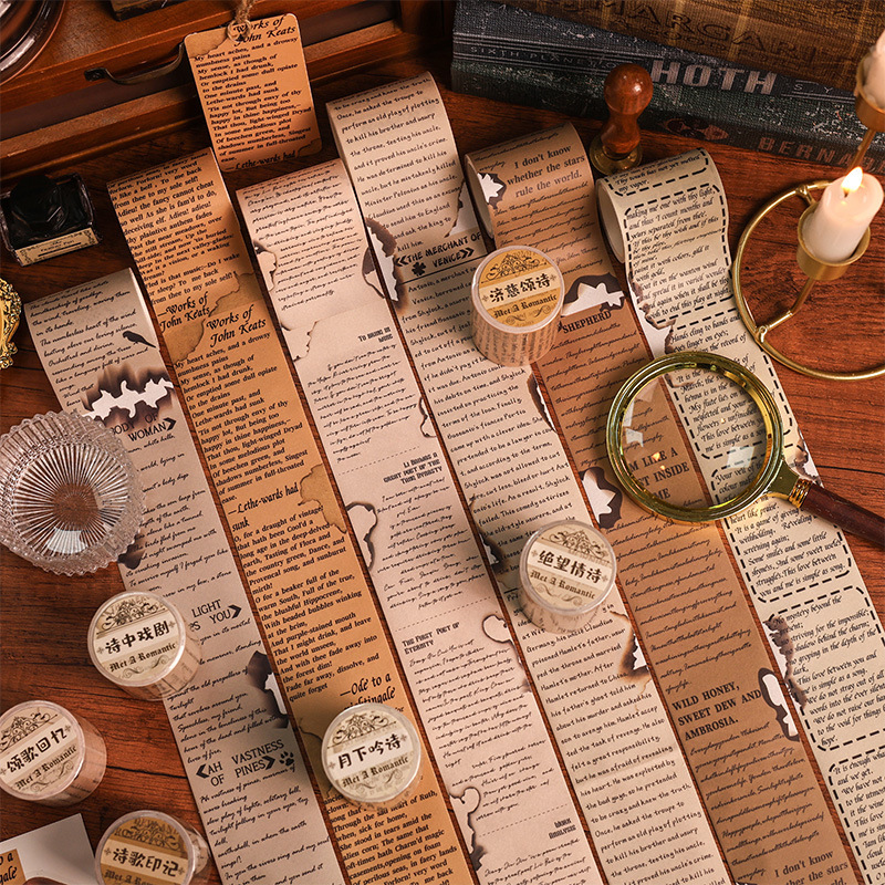 Romántico retrógrado Inglés escritura de mano paisaje y cinta adhesiva Diy Retrógrado Inglés escritura de mano pegatinas rollos