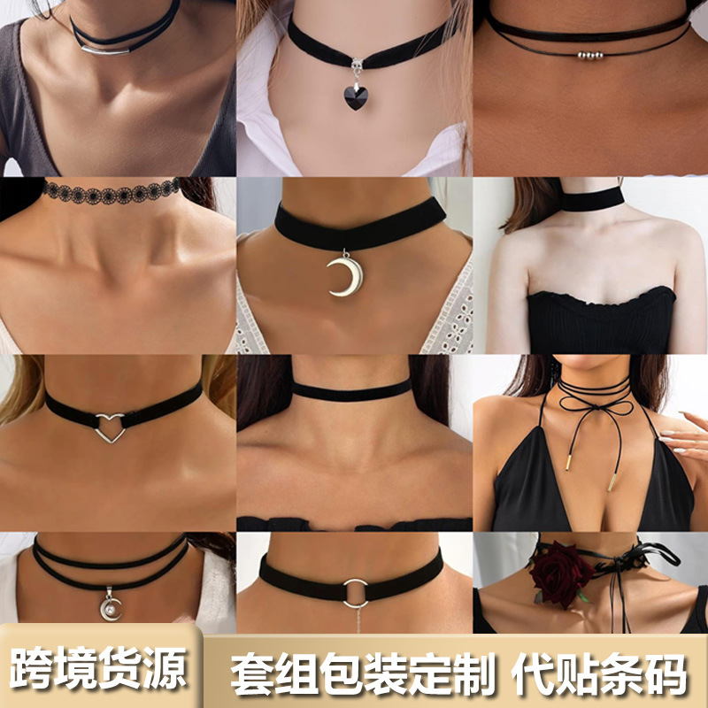 국경 간 맞춤형 짧은 초커 한국 벨벳 서클 칼라 하트 모양 벨벳 스트랩 쿨 블랙 고딕 목걸이 펑크