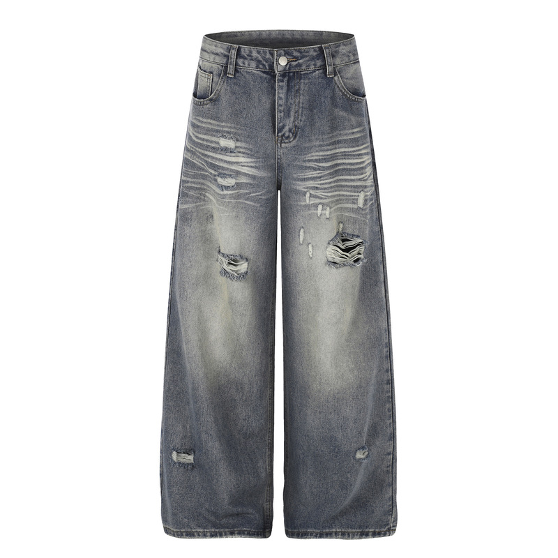 American-Style Street Retro Heavy-Duty Whiskered Washed Jeans for Men and Women, Summer A-Line Straight-Leg Ripped Casual Pants American-Style Street Retro Heavy-Duty Whiskered Washed Jeans for Men and Women, Summer A-Line Straight-Leg Ripped Casual Pants