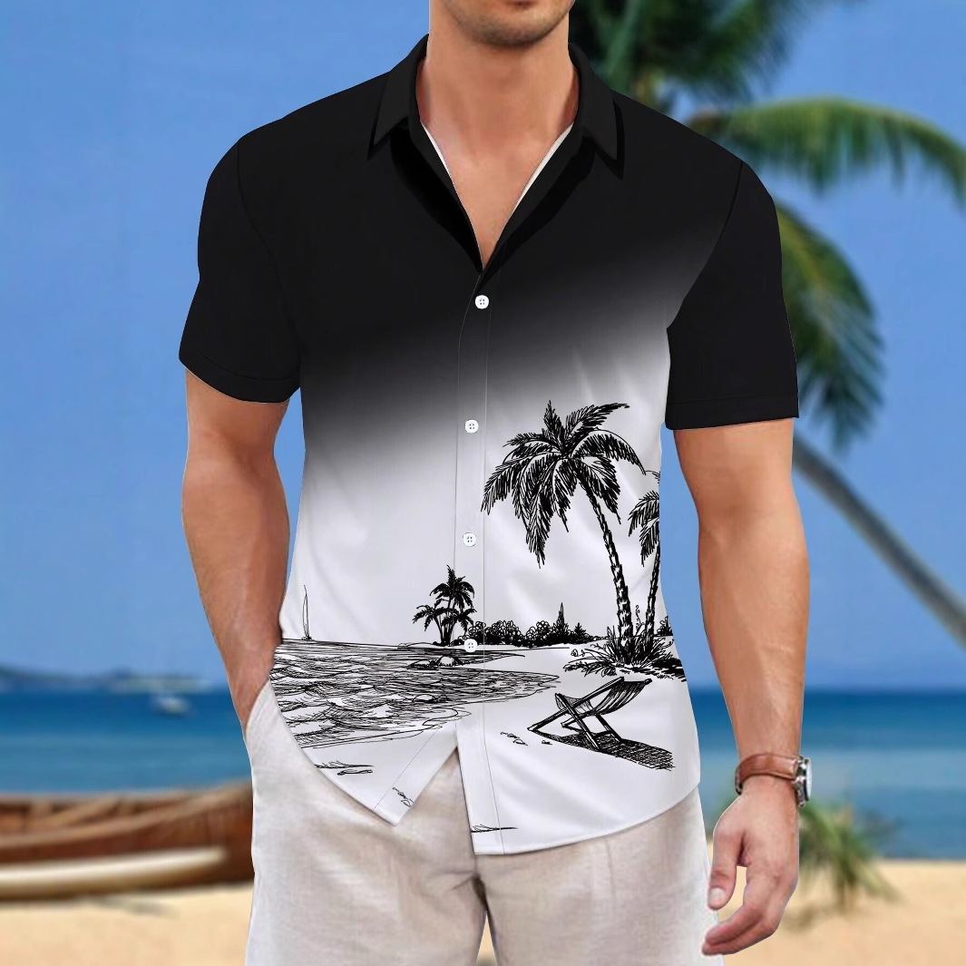 Ropa de hombre de comercio exterior de estilo europeo y americano 2024 nueva camisa de manga corta con patrón de árbol de coco de moda casual de todo fósforo MB1