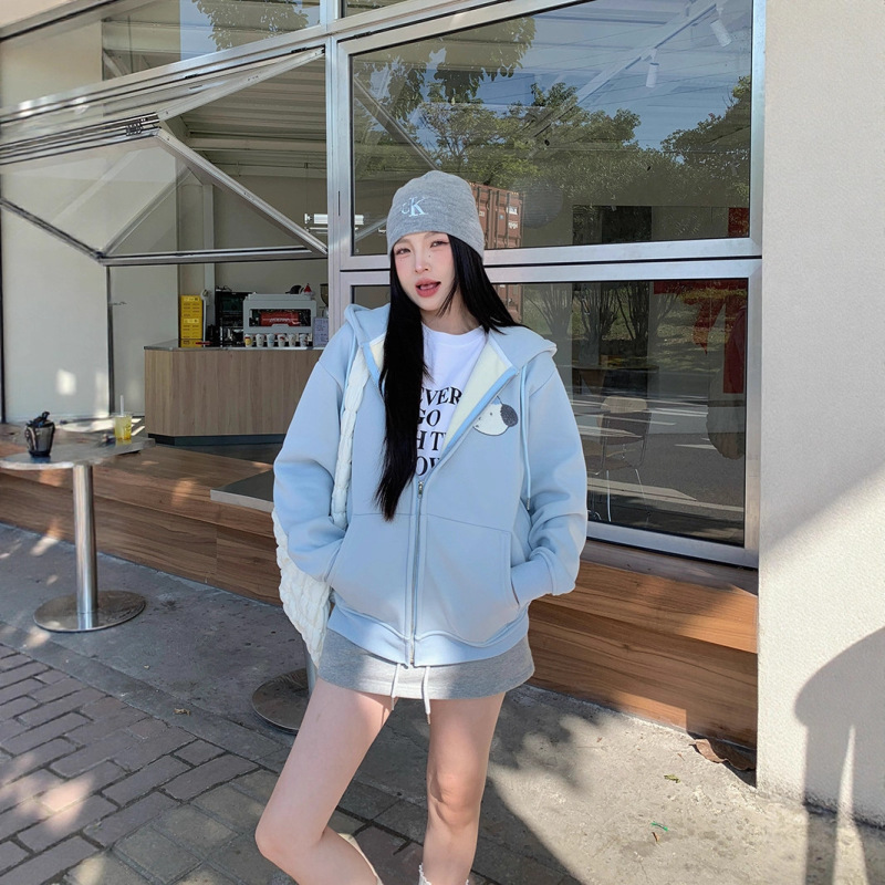 韩系可爱小狗刺绣连帽卫衣女秋冬加绒宽松慵懒风开衫拉链外套ins|undefined