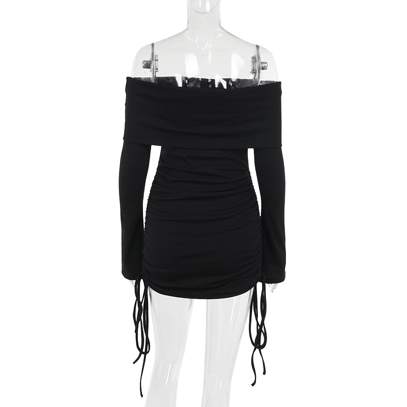 Autumn Socialite Elegant Sexy Slim off Shoulder Drawstring Bag Hip Dress Women