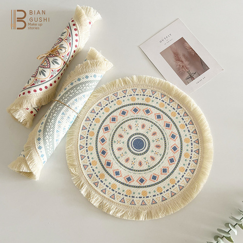 Bohemian cotton line table mat, Nordic fabric woven round mat, home kitchen heat insulation and anti-scald mat, tassel table and cup mat