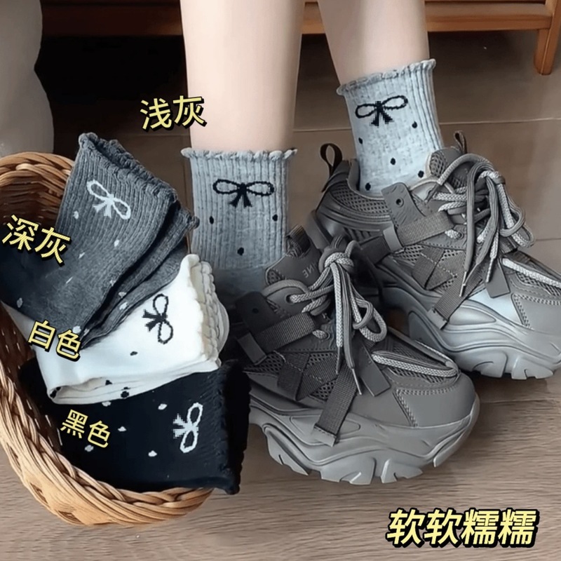 新款潮ins秋冬堆堆袜波点蝴蝶结百搭袜子网红中筒女袜花边中筒袜|undefined