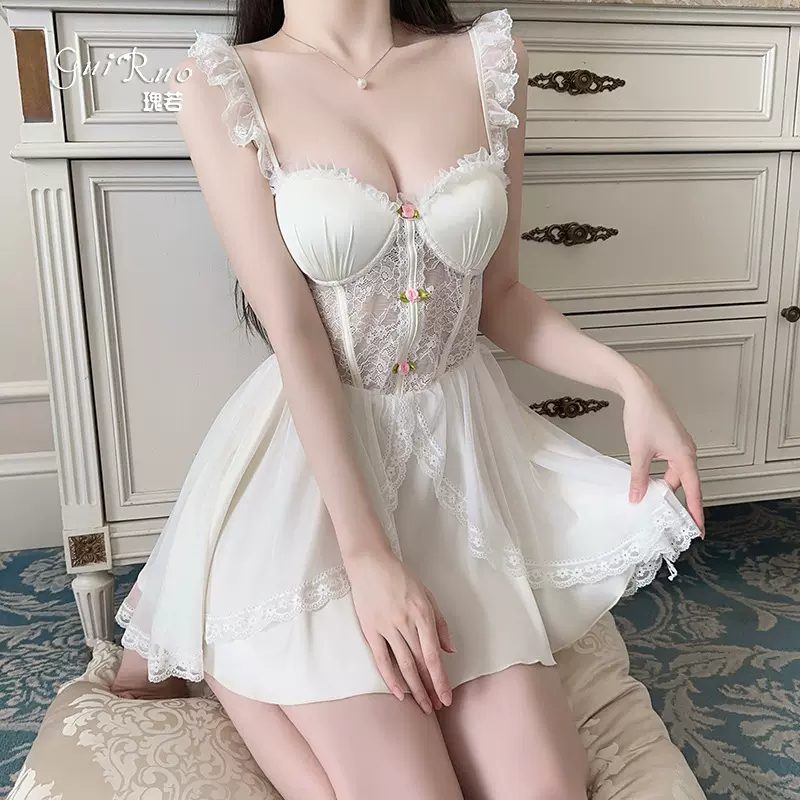 瑰若性感纯欲缎面女睡衣甜美蕾丝装饰深V加胸垫露背睡裙套装M5596