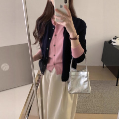 2025春款女设计感假两件长袖羊毛针织开衫毛衣