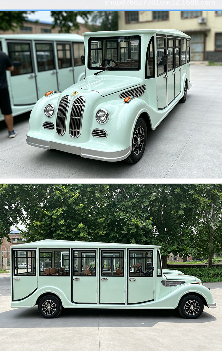 Electric sightseeing car for scenic areas, vintage-style vehicle, shuttle car for park and factory reception, tourist sightseeing car, transfer vehicle