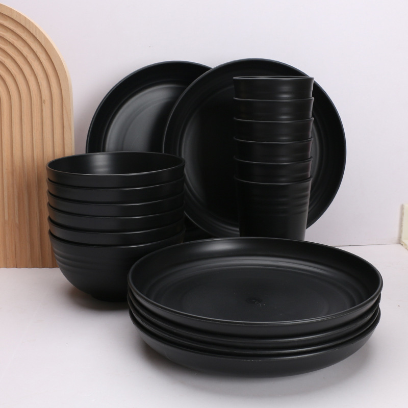 Cross-Border Wheat Straw Bowls, Cups, and Plates for Outdoor Picnics, Amazon Tableware Set for 6 People, Gift Set