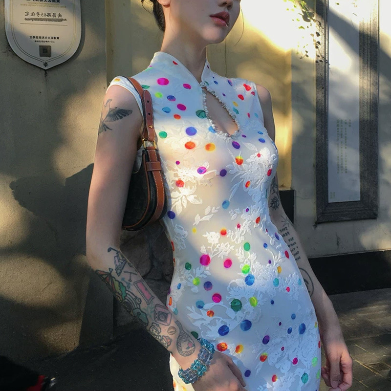 Improved Modern Long Mesh Velvet New Chinese-Style Colorful Polka Dot Dress for Women, Summer Slim-Fit Bodycon Dress Improved Modern Long Mesh Velvet New Chinese-Style Colorful Polka Dot Dress for Women, Summer Slim-Fit Bodycon Dress
