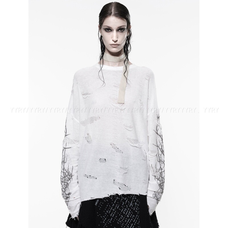 Y2K sweater with dark thorn details, distressed and ripped long-sleeve T-shirt, subculture rock style frayed loose knit top Y2K sweater with dark thorn details, distressed and ripped long-sleeve T-shirt, subculture rock style frayed loose knit top