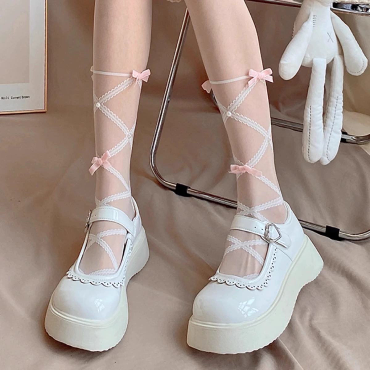 White tights, autumn thin sexy belt with bow, cute knee socks, Lolita style